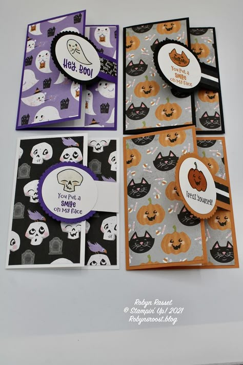 Cat Cards Handmade, Halloween Cards Diy, Fall Cards Handmade, Fancy Fold Card Tutorials, Halloween Cards Handmade, Fun Cards, Designer Paper, Thanksgiving Cards, Stamping Up Cards