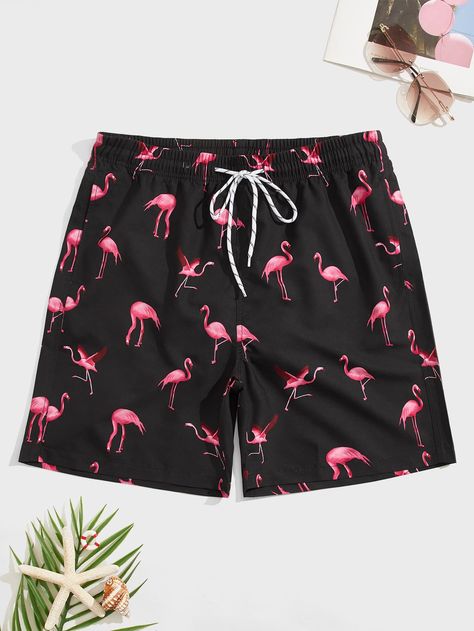 Black Vacation Collar  Fabric Flamingo,All Over Print Bottoms Embellished Non-Stretch  Men Swimwear Vacation Style Men, Mens Business Casual Shirts, Casual Dress Shirt Men, Mens Beach Shorts, Bathing Suit Shorts, Business Casual Shirts, Men's Swimwear, Boho Fabric