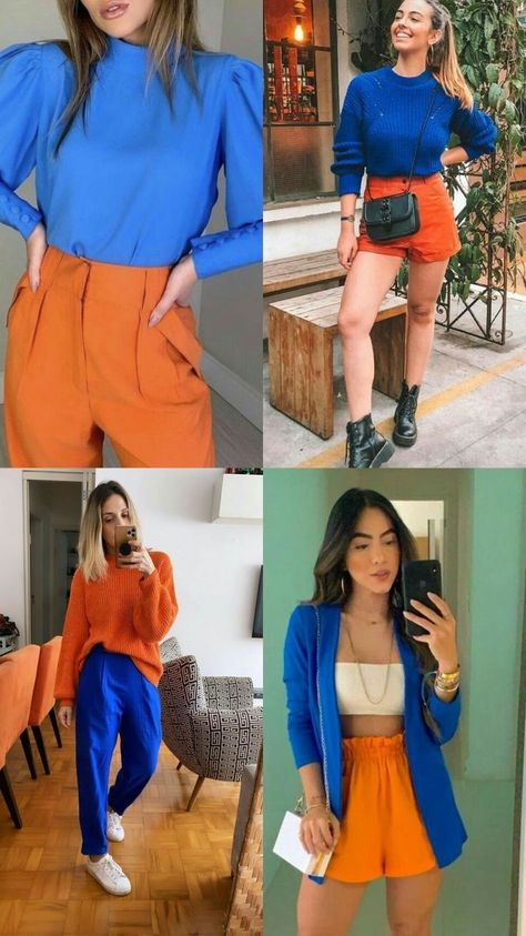 Orange Skirt Outfit, Pantalon Orange, Contrast Outfit, Orange Color Combinations, Orange Outfits, Vibrant Outfits, Colour Combinations Fashion, Color Combos Outfit, Blue Outfits