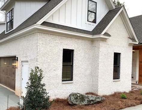 Brick Farmhouse, Board And Batten Exterior, White Siding, Light Brick, Farmhouse Look, Brick Exterior, Brick Exterior House, Unique House Design, Modern Farmhouse Exterior