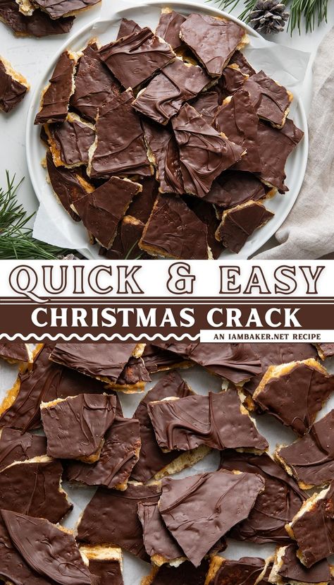 a white plate has a pile of Christmas crack on it, and the second image has Christmas crack spread out on a white surface. Cracker And Chocolate Bark, Dessert Trays For Christmas, Easy Christmas Crackers, Saltine Cracker Bark, Easy Sweet Christmas Treats, Chocolate Saltine Crackers, Christmas Toffee Crackers, Graham Cracker Candy Recipe, Christmas Baking Chocolate