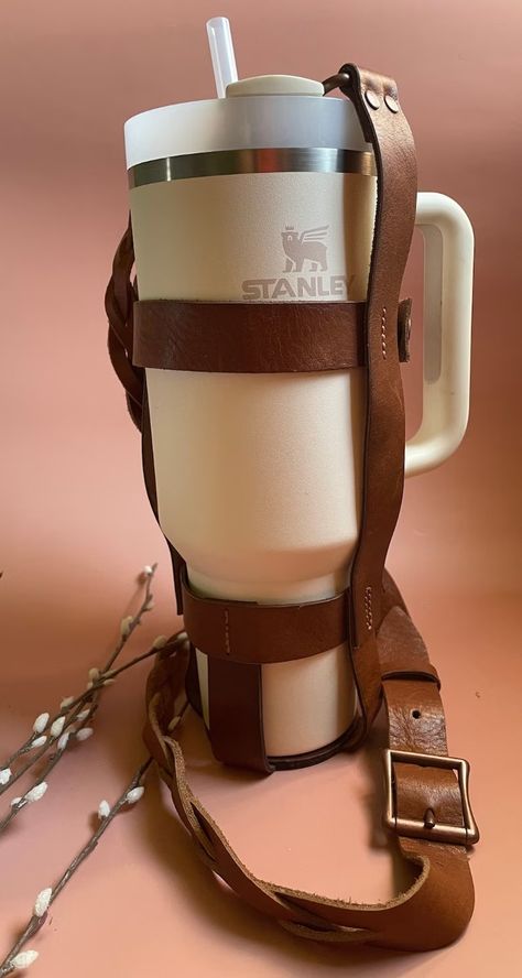 Stanley Cup Holder Bottle Carrier Stanley Leather Gift - Etsy Purse Tumbler, Leather Water Bottle, Handmade Leather Work, Tumbler Holder, Bottle Sling, Water Bottle Carrier, Sewing Crafts Tutorials, Harrisburg Pa, Bottle Carrier