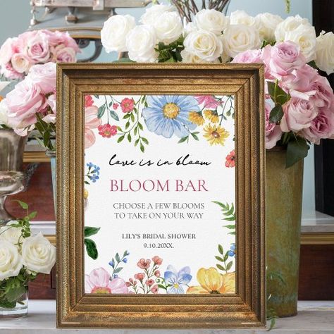 $11.65 | Love in Bloom Wildflower Bridal Shower Bloom Bar #watercolor elegant modern unique chic, spring summer outdoor bridal shower, blush pink, love is in bloom, love is blooming, wildflowers, floral, girly colorful cute soft feminine, bloom bar sign, flower bar sign Flower Bar Sign, Bridal Shower Poster, Bloom Bar, Love Is In Bloom, Outdoor Bridal Showers, Wildflower Bridal Shower, Love In Bloom, Bridal Shower Inspo, Bridal Theme