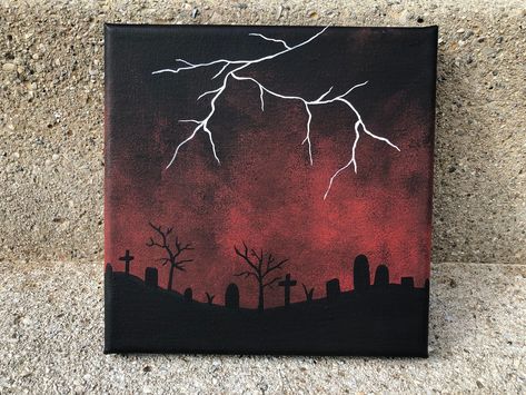 Halloween Cemetery painting with a lightning storm. Made with acrylic on a 6x6 inch stretched canvas. This painting makes the perfect wall art decor for the Halloween spirit:)  Sent with a free sticker and packed with care! :) Halloween Ghost Canvas Paintings, Mini Paintings Halloween, Small Spooky Paintings, Scary Things To Paint On Canvas, Cemetery Painting Easy, Mini Canvas Halloween Art, Easy Canvas Painting Halloween, Oil Pastel Halloween Art, Easy Dark Paintings For Beginners