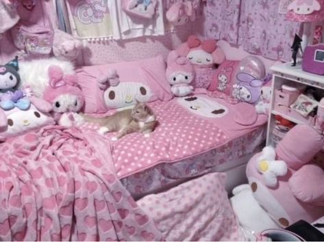 Sanrio my melody hello kitty pink kawaiicore cluttercore sanriocore room Sanrio Bedroom, Sanrio Room, Deco Tv, Kawaii Room Ideas, Tas Mini, Kawaii Bedroom, Hello Kitty Rooms, Otaku Room, Charmmy Kitty