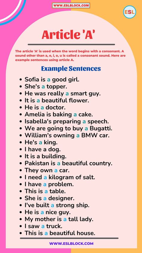 In this article, I am going to explain 100 Example Sentences Using Articles A An The. Articles are the words that define a noun as either specific or non-specific. An article is an adjective. Like adjectives, articles modify nouns. Also read: What are Definite and Indefinite Articles in English Grammar? Article ‘A’ Example Sentences The article ... Read more Use Of Articles A An The, Articles A An The, Use Of The Article, Articles Examples, Articles In English Grammar, Articles Grammar, Definite And Indefinite Articles, Indefinite Articles, Article Grammar