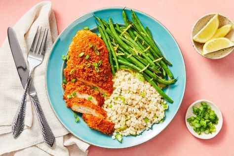 Crispy Parmesan Chicken, Bang Bang Chicken, Fresh Meals, Hello Fresh Recipes, Garlic Herb Butter, Roasted Green Beans, Couscous Recipes, Fresh Recipes, Parmesan Chicken