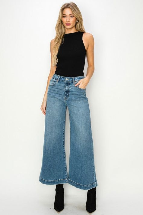 Introducing the “Finely Palazzo Jeans” - the perfect blend of style and comfort! With its finely crafted material and palazzo design, these jeans are sure to make you stand out from the crowd. Step up your fashion game and strut your stuff in these quirky, playful pants. LABEL: ARTEMIS VINTAGE STRETCH FABRIC DENIM HIGH WAISTED CROP LENGTH MEDIUM STONE WASH WIDE HEM FRONT RISE 11" INSEAM 27 1/2" Imported Size 1 – 25” waist, 34” hips Size 3 – 26” waist, 35” hips Size 5 – 27” waist, 36” hips Size 7 Gray Wide Leg Jeans Outfit, Jeans Palazzo, Jeans Styling, Palazzo Jeans, Style Aesthetics, Flare Denim Jeans, Trendy Denim, Comfortable Jeans, Pretty Top