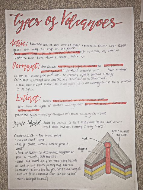 Notes About Volcanoes, Volcano Notes Aesthetic, Geography Volcano Notes, Junior Cert Study Notes, Geography Study Notes, Volcano Notes, Geography Notes Aesthetic, Geography Notes Ideas, Revision Geography