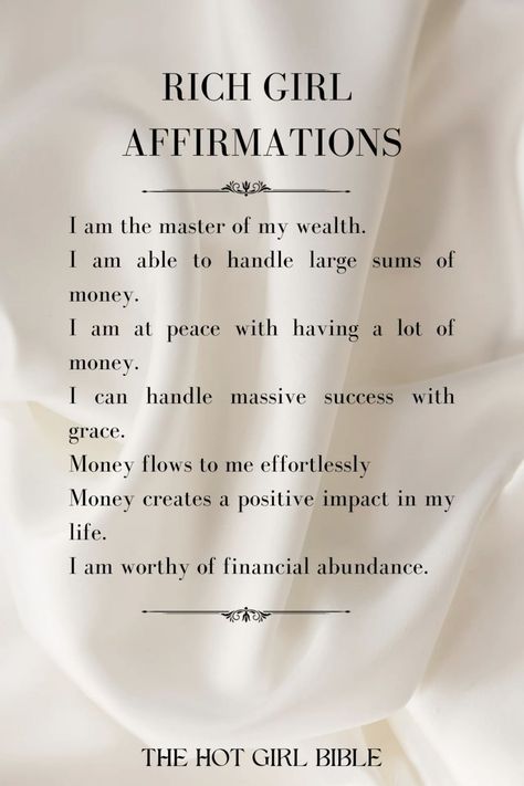 Daily Affirmations For Women In Their RICH GIRL ERA.  Save this pin and AFFIRM it Girl! Money Flowing To Me, I Am A Queen Affirmations, Money Abundance Affirmations, Financial Abundance Affirmations, Financial Abundance Aesthetic, Rich Girl Affirmations, I Am Rich Affirmations, Lots Of Money Aesthetic, Money Affirmations Aesthetic