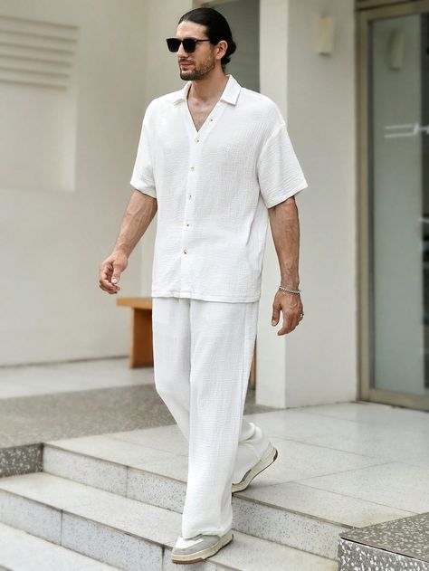 All White Mens Outfit, Linen Outfit Men, White Two Piece Outfit, White Beach Outfit, White Linen Outfit, Resort Wear Men, White Outfit For Men, White Pants Men, Beach Outfit Men