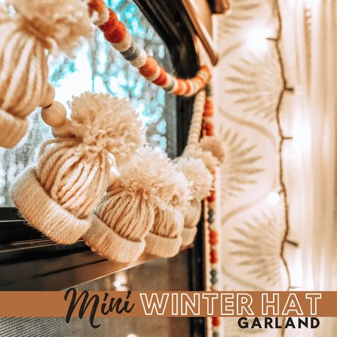 Mini Winter Hat Garland DIY Winter Pom Pom Garland, Yarn Winter Hat Garland, Pom Pom Hat Garland, Winter Hat Garland Diy, New Years Garland Diy, Mini Yarn Hat Garland, Mini Winter Hat Garland, Diy Christmas Yarn Garland, Christmas Hat Garland