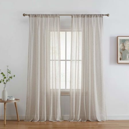 Where light and airy meet privacy the Lucento faux linen curtain. Gentle and light-diffusing, our faux linen curtain is the standard you see in 5-star hotels at a fraction of the cost. Lightweight and luxe, its delicately woven fabric adds the perfect amount of texture detailing to your home while simultaneously softening the room. Perfect for layering with your blackout curtains, ourfaux linen curtains bring life and elegance to supreme functionality. Size: 54 W x 96 L.  Color: Beige. Curtains With Sheer In The Middle, Dinning Room Paint Colors, Minimal Curtains, Sheer Curtains Bedroom, Sheers Curtains Living Room, Window Rods, Beige Curtains, Sheer Linen Curtains, Thick Curtains