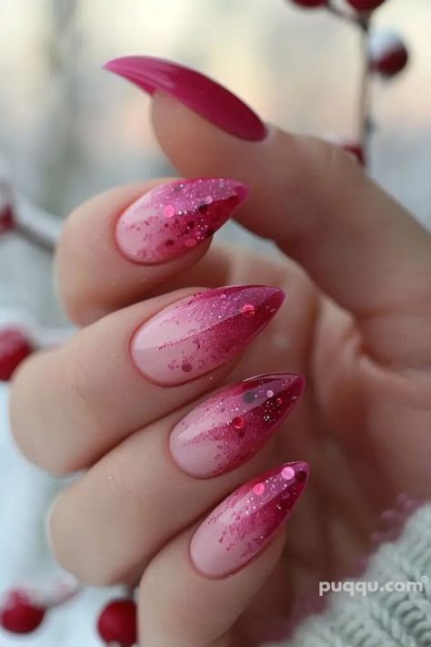 Pink Nail Extension Designs, Pink Nails Ideas Glitter, Nail Pink Ombre, Dark Pink Nail Art, Pink Princess Nails, Girly Nails Pink, Pink Ombre Nails Glitter, Glitter Pink Nails, Pink Christmas Nail