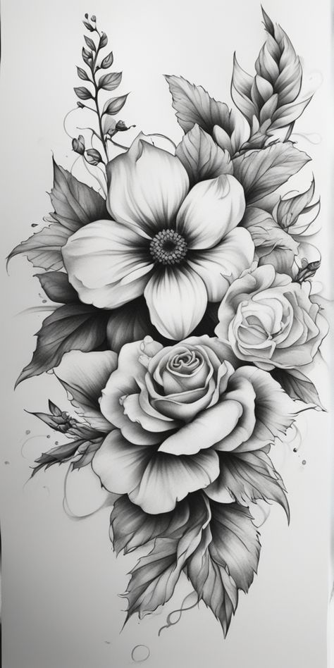 Dotwork Flower Tattoo, Arm Cover Up Tattoos, Black And White Flower Tattoo, Realistic Flower Tattoo, Tattoo Pics, Flower Thigh Tattoos, Rose Shoulder Tattoo, Hip Thigh Tattoos, Flower Tattoo Drawings