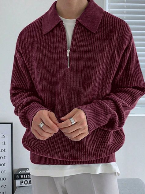 Men Zipper Long Sleeve Plain Casual Loose Comfy Knitted Collar Sweater Burgundy Casual  Long Sleeve Knitwear Plain Pullovers Slight Stretch  Men Clothing, size features are:Bust: ,Length: ,Sleeve Length: Soft Autumn Men’s Fashion, Vintage Men Sweater, Burgundy Fits Men, Knit Sweater For Men, Mens Fashion Turtleneck, Fall Sweaters Men, Brown Long Sleeve Outfit Men, Citycore Fashion, Red Clothes Men