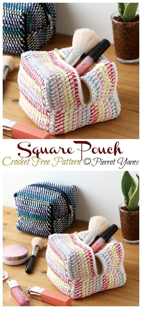 Square Makeup Pouch Crochet Free Patterns - Crochet & Knitting Modern Haken, Diy Tank, Tunisian Crochet Patterns, Free Crochet Bag, Crochet Bag Pattern Free, Bag Pattern Free, Crochet Pouch, Stylish Crochet, Bag Designs