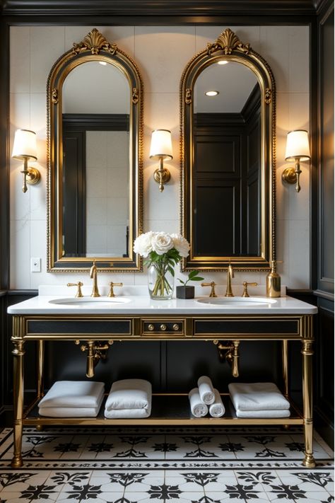 Art deco bathroom with gold fixtures and geometric black and white tiles Vintage Transitional Bathroom, Hotel Bathroom Design Luxury Small, Formal Interior Design, Terrocata Bathroom, Black White Gold Bathrooms, Art Deco Washroom, 1920s Luxury Aesthetic, Heritage Bathroom Ideas, 1930s Bathroom Ideas Art Deco