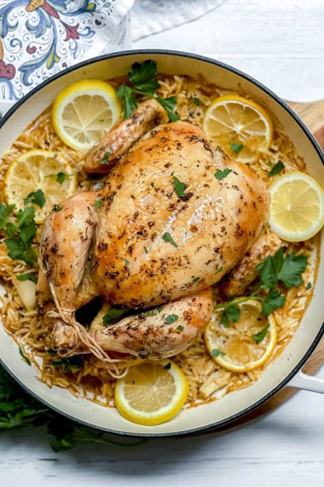 Greek Lemon Roasted Chicken, Mediterranean Whole Chicken, Roast Chicken With Orzo, Greek Chicken With Orzo, Mediterranean Whole Chicken Recipes, Chicken With Lemon Orzo, Greek Roast Chicken, Chicken Lemon Orzo, Lemon Orzo Chicken