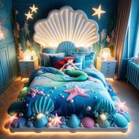 Mermaid Themed Bed, Purple Mermaid Bedroom, Little Mermaid Bedroom Walmart, Mermaid Bedroom Fantasy Art, Toddler Mermaid Bedding, Girls Rooms, Mermaid Dreams, Girl Room, Mermaid