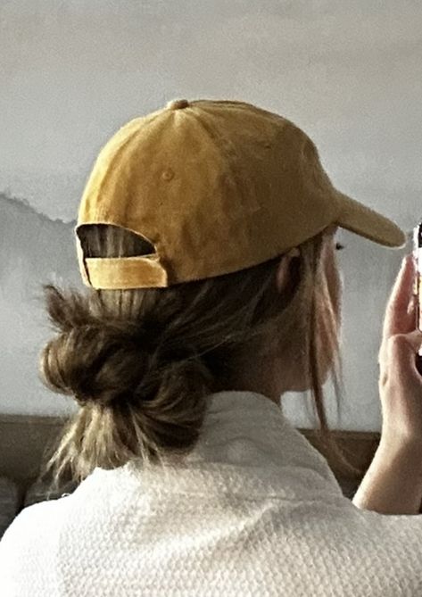 Low Bun With Hat, Camping Hairstyles, Low Bun Hairstyle, Cap Hairstyles, Camping Hair, Low Bun Hairstyles, Gym Hairstyles, Braided Bun Hairstyles, Cute Hat