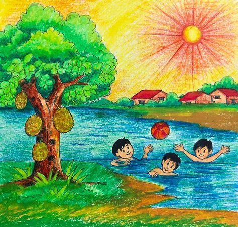 Drawing On Summer Season, 6 Seasons Painting, Drawing Of Summer Season, Summer Oil Pastel Drawing, Summer Drawings Easy For Kids, Summer Scenery Drawing, Beautiful Nature Drawings, Summer Season Drawing For Kids, Summer Season Painting