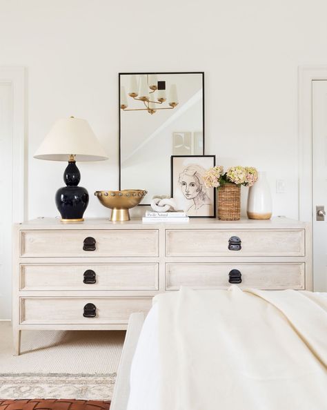 vintage white chest of drawers in bedroom with vintage brass styling Dekorasi Kamar Tidur, 6 Drawer Dresser, Boho Interior, The Design Files, Dream Decor, White Home Decor, Minimalist Bedroom, Cheap Home Decor, Luxurious Bedrooms