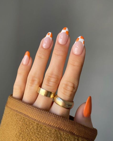 22 White French Nail Designs - Paisley & Sparrow Vacation Nail Designs, Orange Nail Art, Orange Acrylic Nails, White French Nails, Checkered Nails, Orange Nail Designs, Orange Nail Polish, French Tip Nail Designs, Glittery Nails