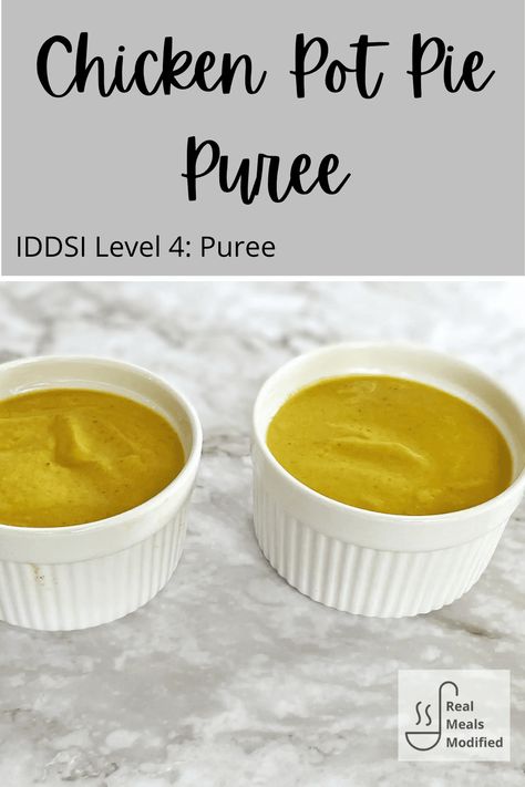 This Level 4: Puree Chicken Pot Pie is so delicious! Even without the traditional crust, you'll get all the wonderful, crave-able flavors of chicken pot pie. Pureed Chicken Recipes, Baractric Puree Foods, Pureed Food Recipes For Adults Dinners, Pureed Protein Recipes, Pureed Meals For Adults, Pureed Foods For Adults, Chicken Puree Recipes, Pureed Food Recipes For Adults Dysphagia, Pureed Diet Bariatric