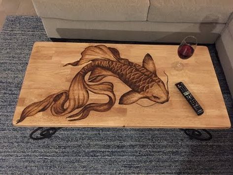 Coffee Table Upcycle, Stain Art, Table Upcycle, Coffee Furniture, Art Coffee Table, Fish Table, Wood Burn Designs, Upcycled Furniture Diy, Wood Burning Crafts