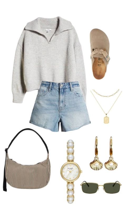 Summer night inspo: collard jumper, jean shorts, Birkenstock clogs, dainty jewelry Outfit Inspo Summer, Cute Everyday Outfits, Late Summer, Mom Outfits, Lookbook Outfits, The Coast, Summer Nights, New Yorker, Outfit Inspirationen