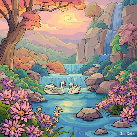 Cute Landscape Drawing, Nature Drawing Ideas Creative Beautiful, Waterfall Scenery Drawing, Beautiful Landscape Drawing, Beautiful Scenery Drawing, Waterfall Drawing, Fall Scenery, Simple Oil Painting, Drawing Scenery