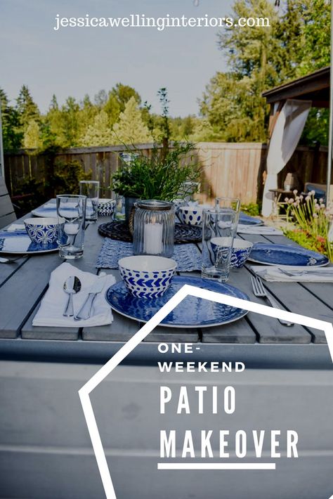 One-Weekend Patio Makeover @jessicawellinginteriors.com Concrete Slab Patio, Dining Patio, Diy Outdoor Lighting, Concrete Patios, Outdoor Dining Room, Patio Wall, Diy Outdoor Decor, Patio Makeover, Patio Accessories