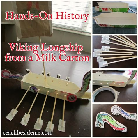 Hands-On History: Viking Longship Project from a milk carton Roman Numeral Chart, Vikings For Kids, Geography Homeschool, Middle Ages History, Viking Longboat, Viking Longship, Homeschool Social Studies, Drawing Machine, History Activities