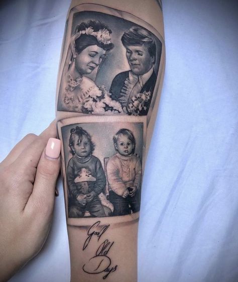 Grandparents Tattoo Ideas, Family Portrait Tattoo, Tattoo Sleeve Women, Grandparents Tattoo, Portrait Tattoo Sleeve, Dark Skin Tattoo, Arm Sleeve Tattoos For Women, Cool Shoulder Tattoos, Wrist Tattoo Ideas