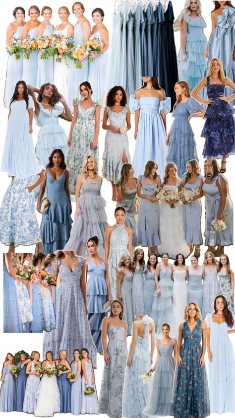 Blue Bridesmaid With Groomsmen, Pretty Blue Bridesmaid Dresses, Revelry Blue Bridesmaid Dresses, Wedding Bridesmaid Dresses Dusty Blue, Costal Wedding Bridesmaids, Delft Blue Bridesmaid Dress, Denim Blue Bridesmaids Dresses, Bridgerton Blue Wedding, Different Color Blue Bridesmaid Dresses