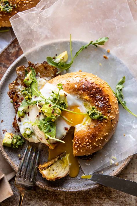 Crispy Parmesan and Pesto Egg in a Bagel | halfbakedharvest.com Pesto Eggs, Half Baked Harvest Recipes, Breakfast Bagel, Crispy Cheese, Bagel Sandwich, Bagel Recipe, Chicken Sweet Potato, Harvest Recipes, Half Baked