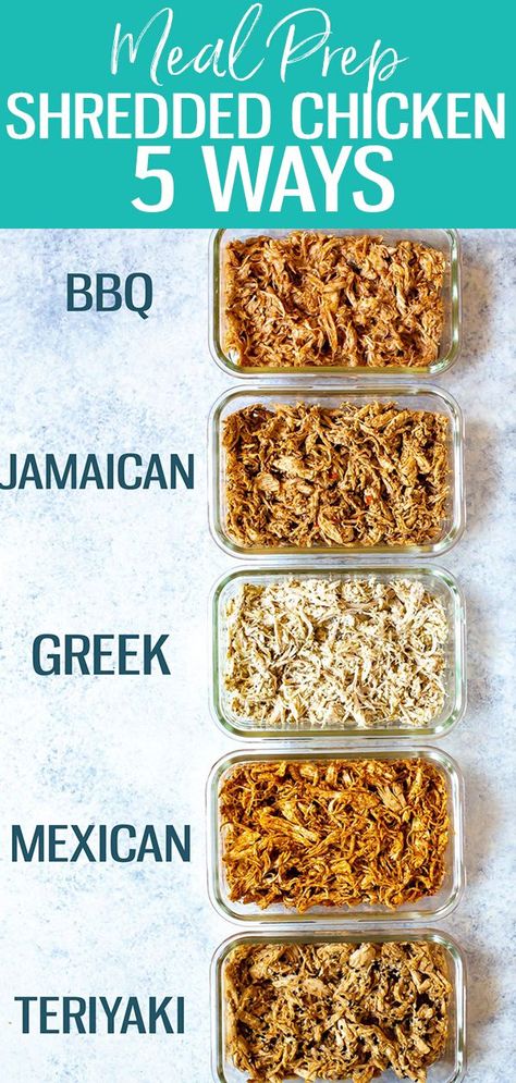 These Shredded Chicken Recipes are perfect for meal prep - I'm giving you 5 flavor combos to try, plus how to use shredded chicken in your day to day cooking. Try Mexican, Greek, BBQ and more! #shreddedchicken #mealprep Use Shredded Chicken, Greek Bbq, Flavor Combos, Easy Shredded Chicken, Clean Meal Prep, Meal Prep Clean Eating, Shredded Chicken Recipes, Easy Healthy Meal Prep, Chicken Meal Prep