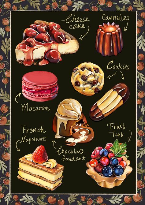 Desserts Illustration, Papan Menu, Cookie Drawing, Desserts Drawing, Food Art Painting, Dessert Illustration, 귀여운 음식 그림, Cake Illustration, Food Artwork