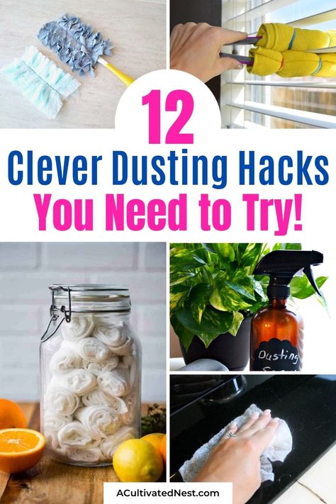 12 Clever Dusting Hacks- Whether you want to reduce your home's dust to reduce allergies or just to keep it clean, these 12 clever dusting hacks and tips will help! You'll love having a space free of dust! | #cleaningHacks #dusting #cleaningTips #cleaning #ACultivatedNest How To Reduce Dust In Your Home, How To Keep Dust Down In House, Dusting Hacks, Dryer Sheet Hacks, Dusty House, Dusting Tips, Dusting Blinds, Dusting Spray, Cleaning Schedule Printable