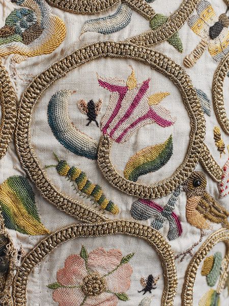 Womans jacket [English] (23.170.1) | Heilbrunn Timeline of Art History | The Metropolitan Museum of Art Crewel Embroidery, Embroidered Fabric, Antique Textiles, Gold Thread, Needle Art, Satin Stitch, Embroidery Inspiration, Beautiful Embroidery, Crazy Quilts