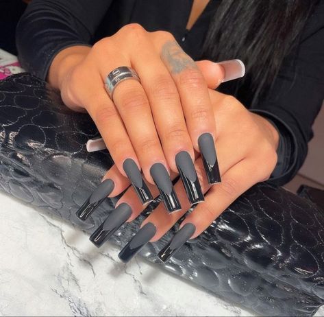 Black On Black French Tip Nails Matte, Glossy Tip Matte Nails, Black And Gray French Tip Nails, Black French Matte Nails, Matte Black With Glossy Tips, Matte And Glossy French Tip, Black Nails Matte And Glossy, Matte Black Nails With Glossy Tips, Matte Nails French