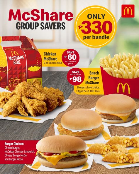 McDonalds – McShare Group Savers for ₱330 Mcdo Menu Philippines, Mcdonald's Menu Philippines, Mcdo Food, Mcdo Menu, Fast Food Advertising, Mcdonald Menu, Chicken Honey, Mcdonalds Gift Card, Birthday Cake With Photo