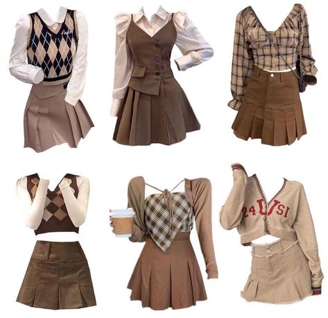 Pretty Outfits Brown, Korean Theme Outfit, Korean Dark Academia Aesthetic, Cute Outfits Academia, Brown Aesthetic Dress Outfit, Brown Inspo Outfits, Y2k Brown Skirt Outfit, School Outfit Aesthetic Korean, Pink Y2k Outfits Aesthetic