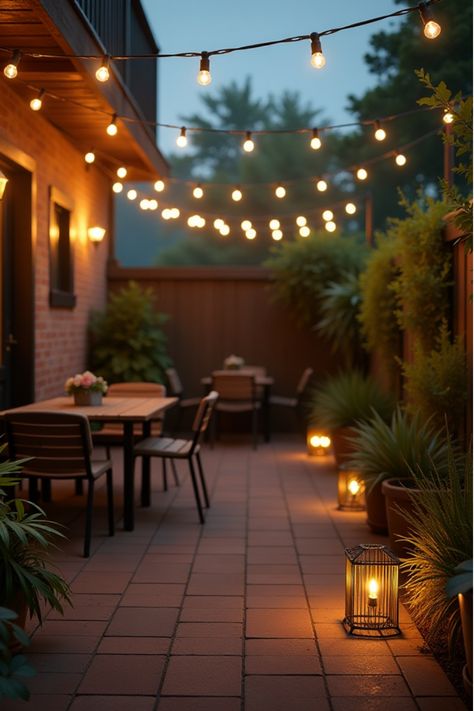 Urban-inspired outdoor area with zigzag string lights and caged floor lamps Edison Lighting Outdoor Patio Ideas, Backyard Patio Lighting, Patio Lights String, Porch Lighting Ideas, Patio On A Budget, Patio Lighting Ideas, Unique Backyard, Backyard Lights, Rustic Bedroom Design