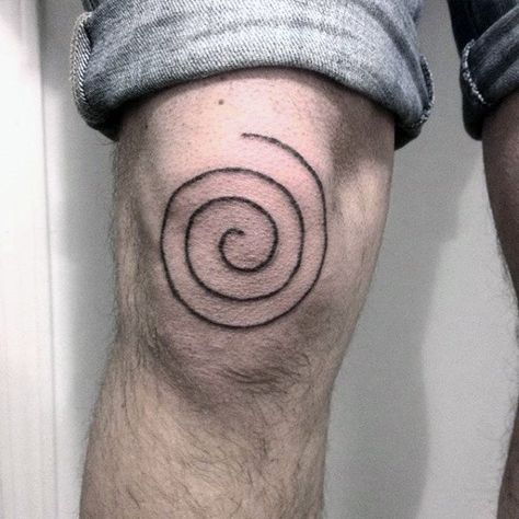 Small Simple Spiral Black Ink Lines Male Knee Tattoo Tattoo Knee, Knee Tattoos, Spiral Tattoos, Tattoos Simple, Omerta Tattoo, Tattoo Inspiration Men, Back Of Shoulder Tattoo, Shoulder Tattoos For Women, Knee Tattoo