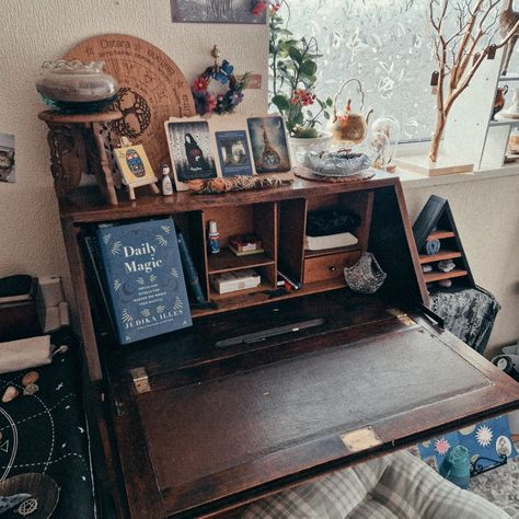 Today I moved this beautiful antique writing bureau into my altar room! It's so amazing to have a place to sit while I study or do work in there. This belonged to my father in law & its going to get a lot more use now I'm so thankful 🦋 #antiquebureau #newaltarsetup #workingaltar #witchcraftpractice #witch🔮 #witchesofinstagram Witch Desk, To My Father In Law, Writing Bureau, Altar Ideas, Witch Room, To My Father, Father In Law, So Thankful, My Father