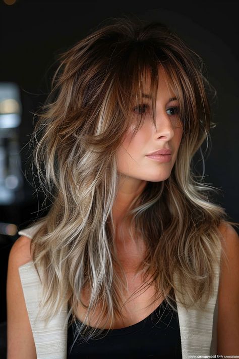 Must-Try Shag Haircuts and Hairstyles in 2024 Medium Hair Fringe Layers, Balayage On Shag Haircut, Original Shag Haircut, Long Hair Shaggy Layers With Bangs, Long Shag Haircut Fine Hair Over 50, Shag Hairstyles Long Hair, Ombre Shag Hair, Medium Length Haircut With Layers Wolfcut, Gentle Balayage