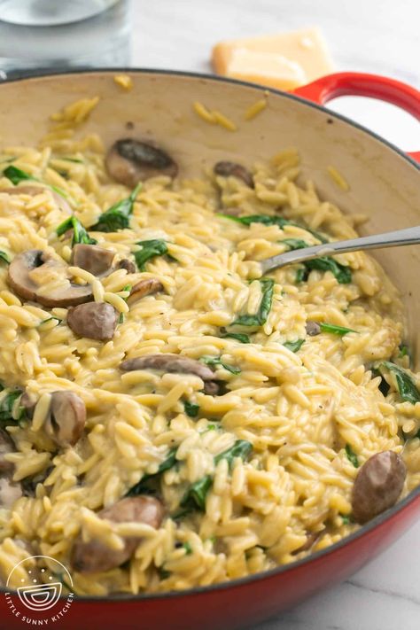 Recipes Using Mushrooms And Spinach, Orzo Spinach Mushroom, Orzo Pasta Recipes Vegetarian, Mushroom Asparagus Orzo, Orzo Recipes Mushroom, Mushroom Orzo Risotto, Spinach Mushroom Orzo Recipes, Orzo Mushroom Spinach, Risoni Pasta Recipes