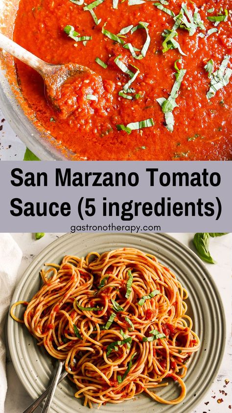 San Marzano tomato sauce cooking in a large skillet. San Marzano Spaghetti Sauce, Homemade Red Sauce Italian, San Marzano Tomatoes Recipes, Homemade Italian Sauce, San Marzano Tomato Sauce Recipes, Italian Red Sauce Recipe, Pasta Red Sauce, Italian Red Sauce, Italian Spaghetti Sauce